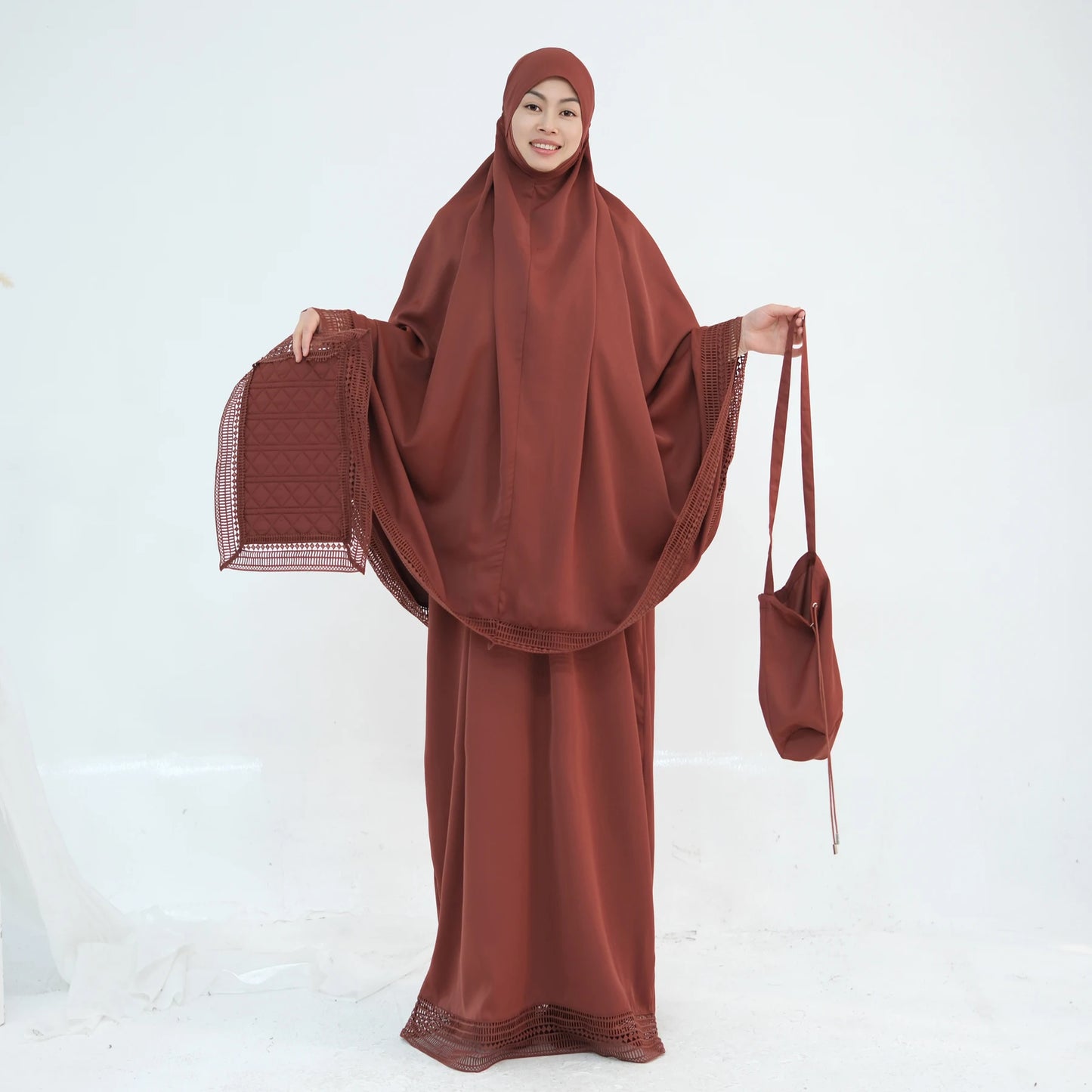 4-Piece Lace Trim Prayer Set - Complete Hijabi Salah Set with Khimar, Skirt, Rug & Pouch | Ramadan