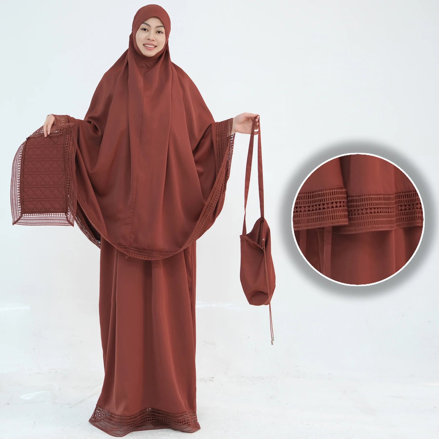 4-Piece Lace Trim Prayer Set - Complete Hijabi Salah Set with Khimar, Skirt, Rug & Pouch | Ramadan