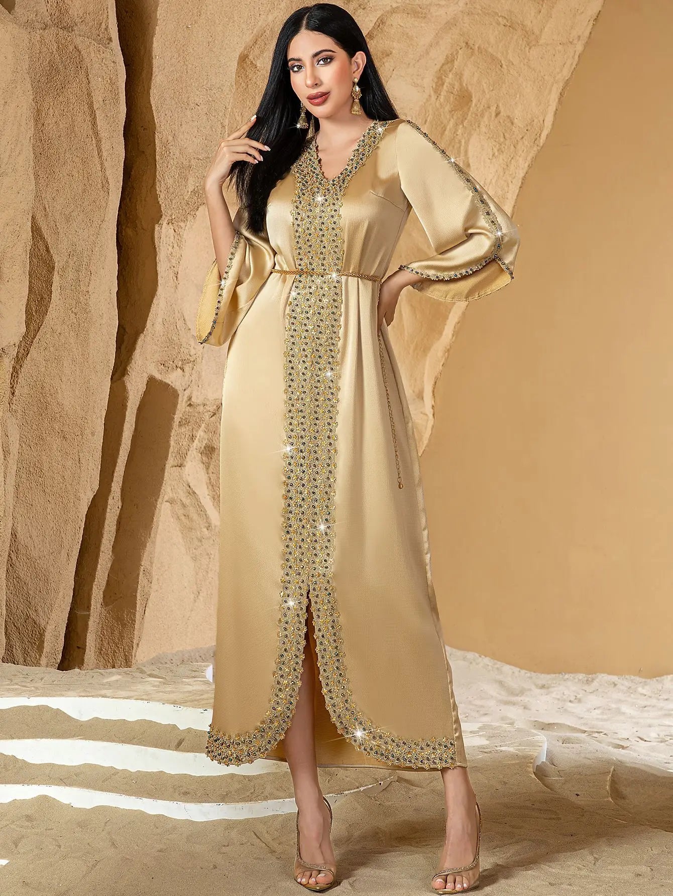 Lace & Diamond Embellished Party Abaya - Elegant Long Robe