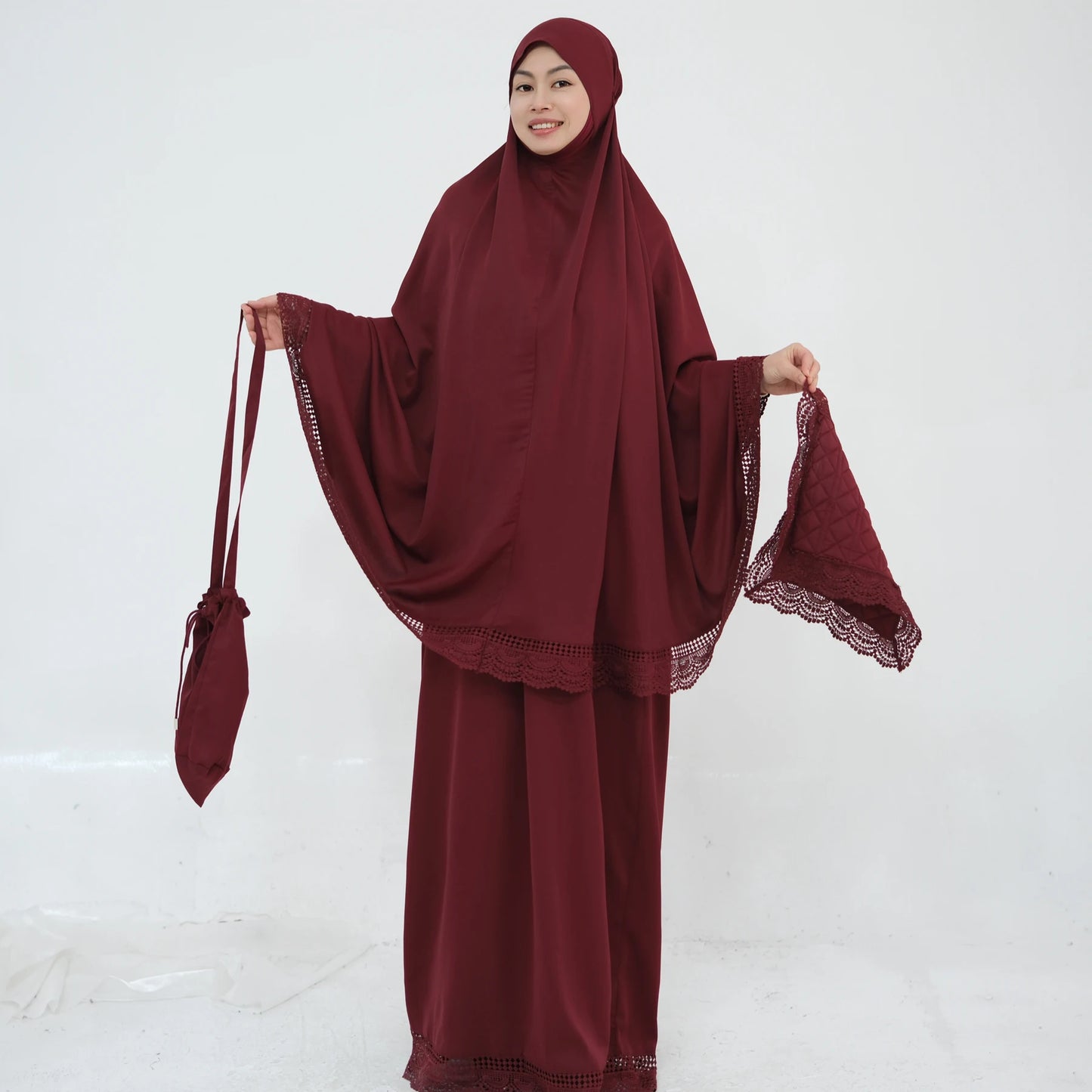 4-Piece Lace Trim Prayer Set - Complete Hijabi Salah Set with Khimar, Skirt, Rug & Pouch | Ramadan