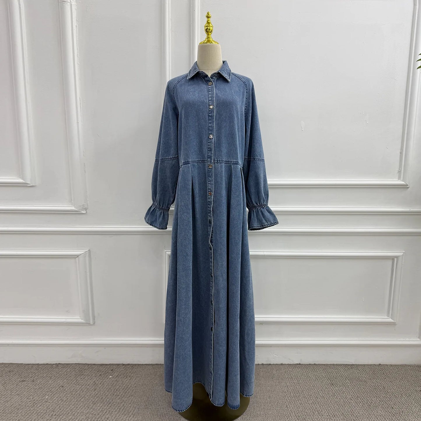 Denim Maxi Abaya Dress - Single Breasted Long Sleeve Muslim Dress for Women