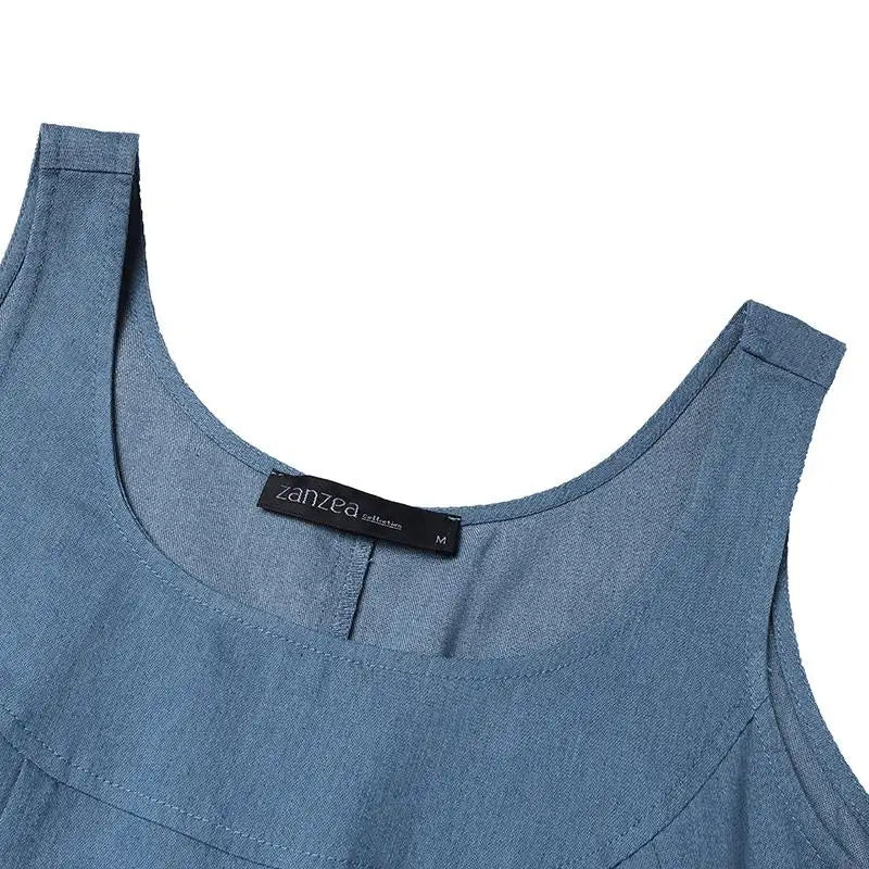 Denim Overall Dress with Pockets - Casual A-Line Maxi