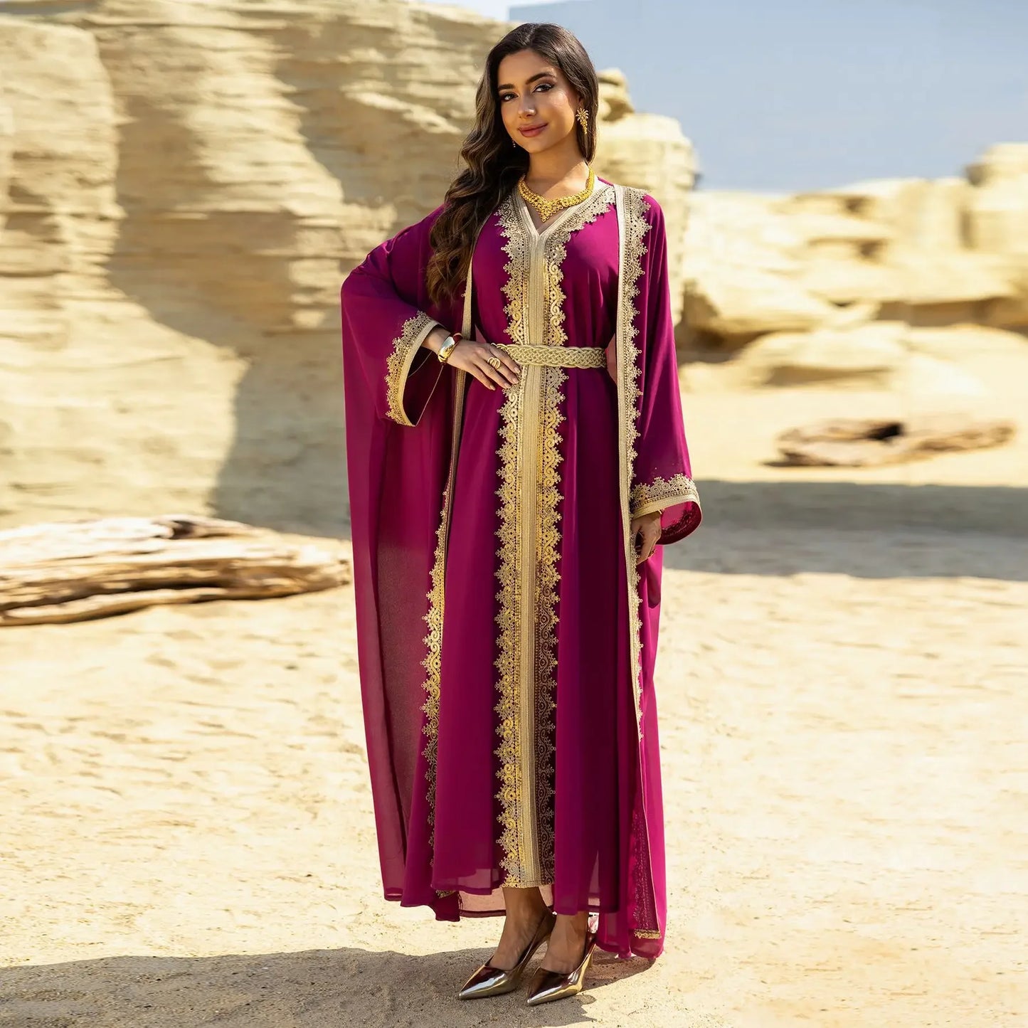 Luxury 2-Piece Kimono Cardigan & Dress Set - Embroidered Abaya