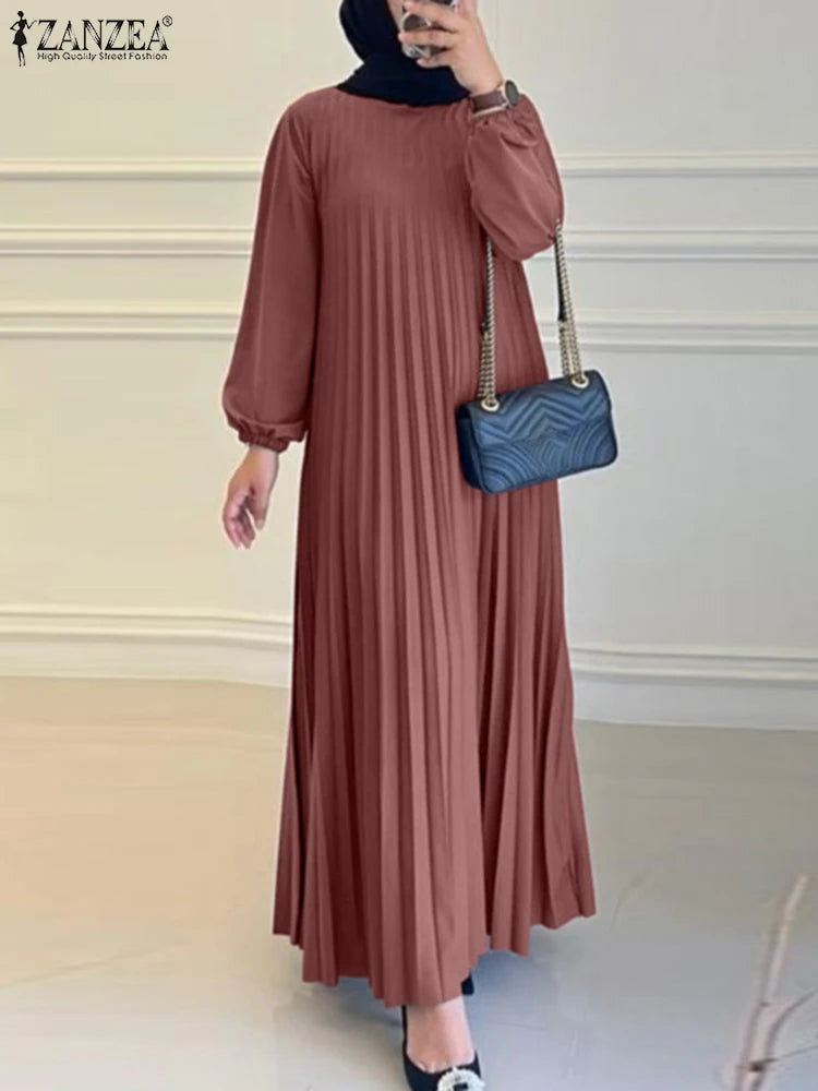 Pleated Maxi Dress - Elegant Long Sleeve Abaya