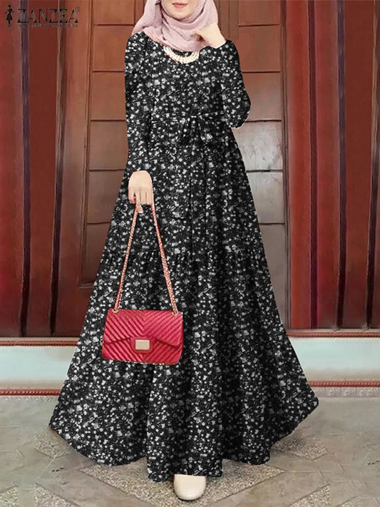 Floral Print Abaya Dress with Sash - Bohemian Long Sleeve Robe