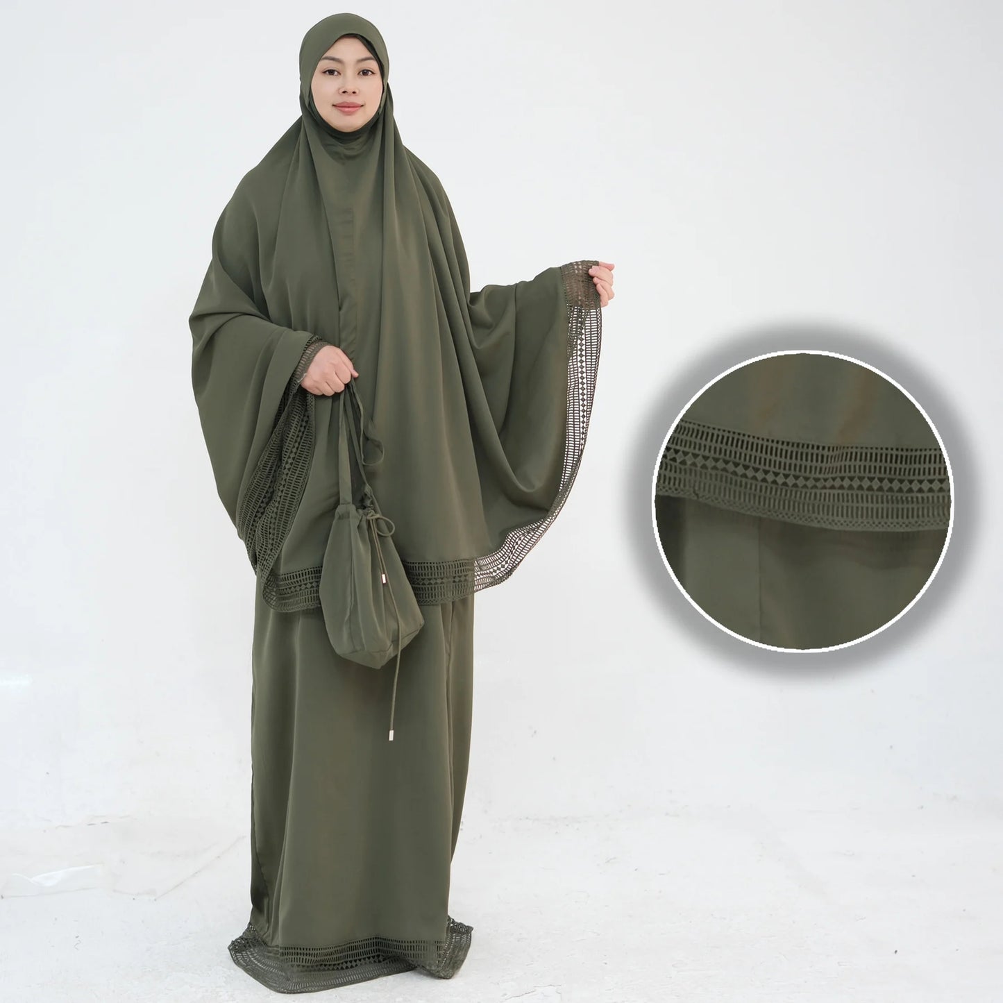 4-Piece Lace Trim Prayer Set - Complete Hijabi Salah Set with Khimar, Skirt, Rug & Pouch | Ramadan