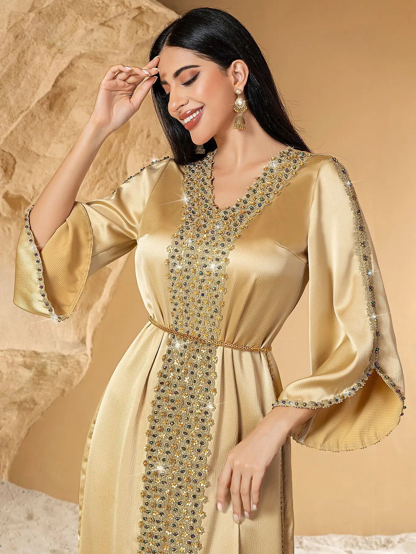 Lace & Diamond Embellished Party Abaya - Elegant Long Robe