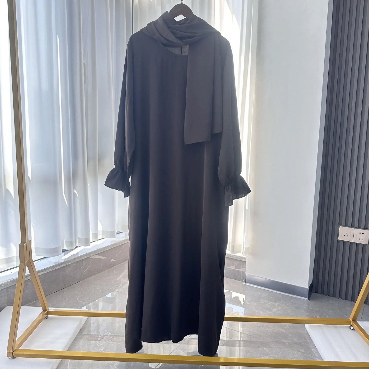 Muslim Modest Abaya Dress with Headscarf - Flare Sleeve Prayer Robe