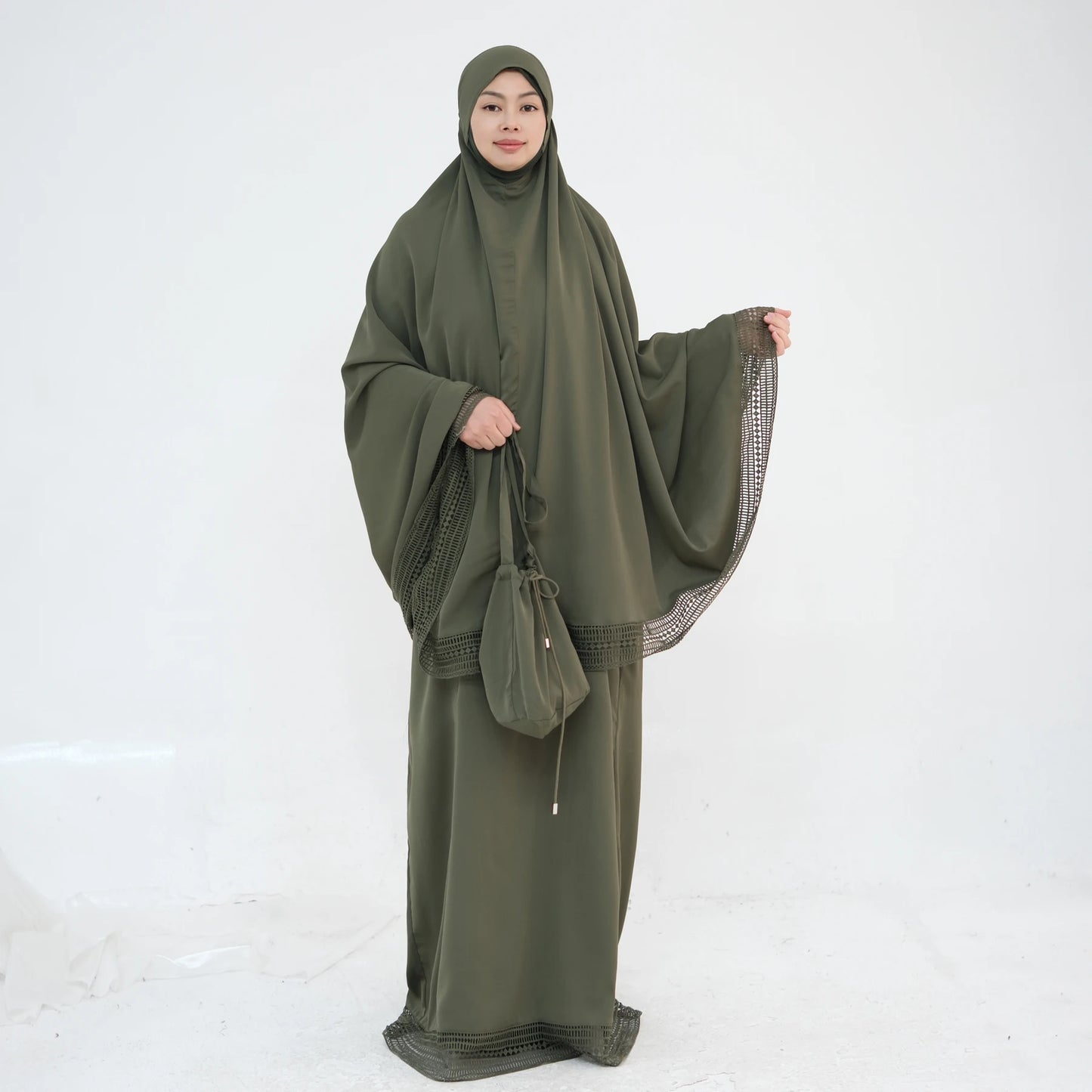 4-Piece Lace Trim Prayer Set - Complete Hijabi Salah Set with Khimar, Skirt, Rug & Pouch | Ramadan