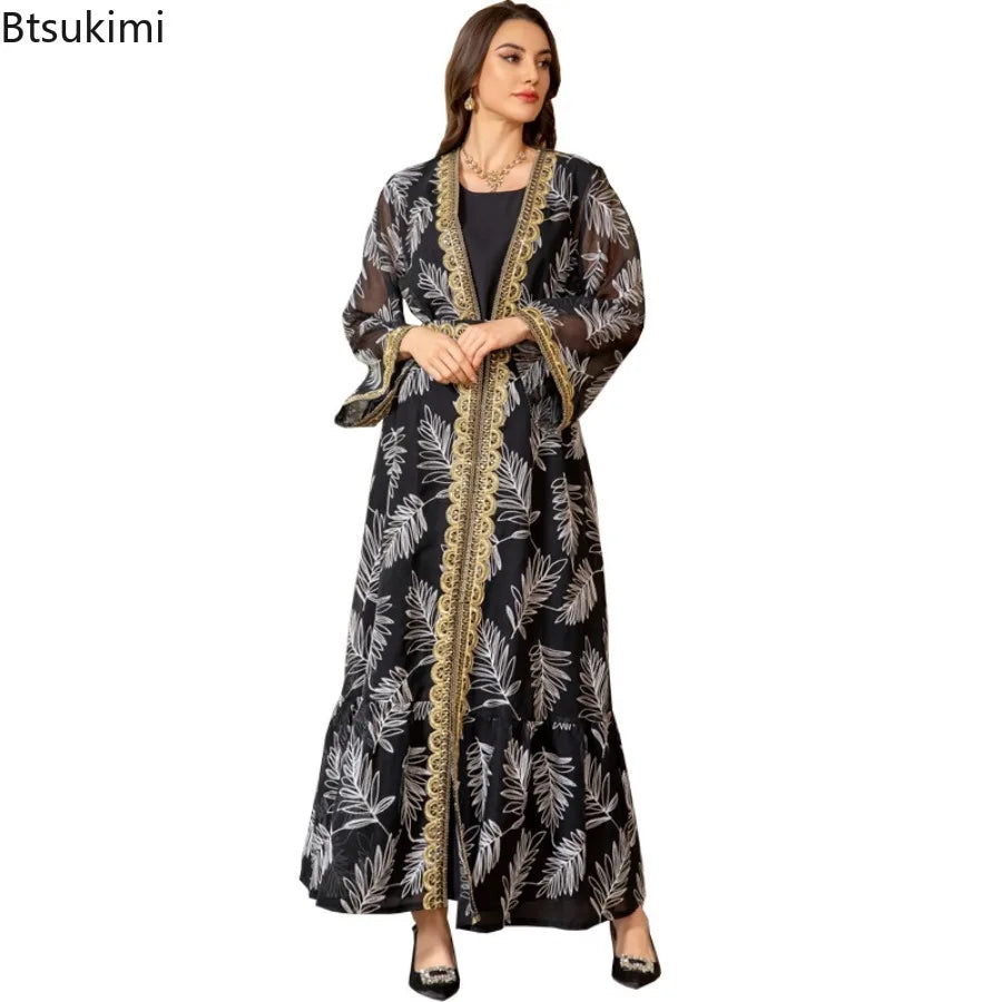 2-Piece Mesh Embroidered Muslim Set - Elegant Kaftan Robe Outfit for Women | Summer 2026