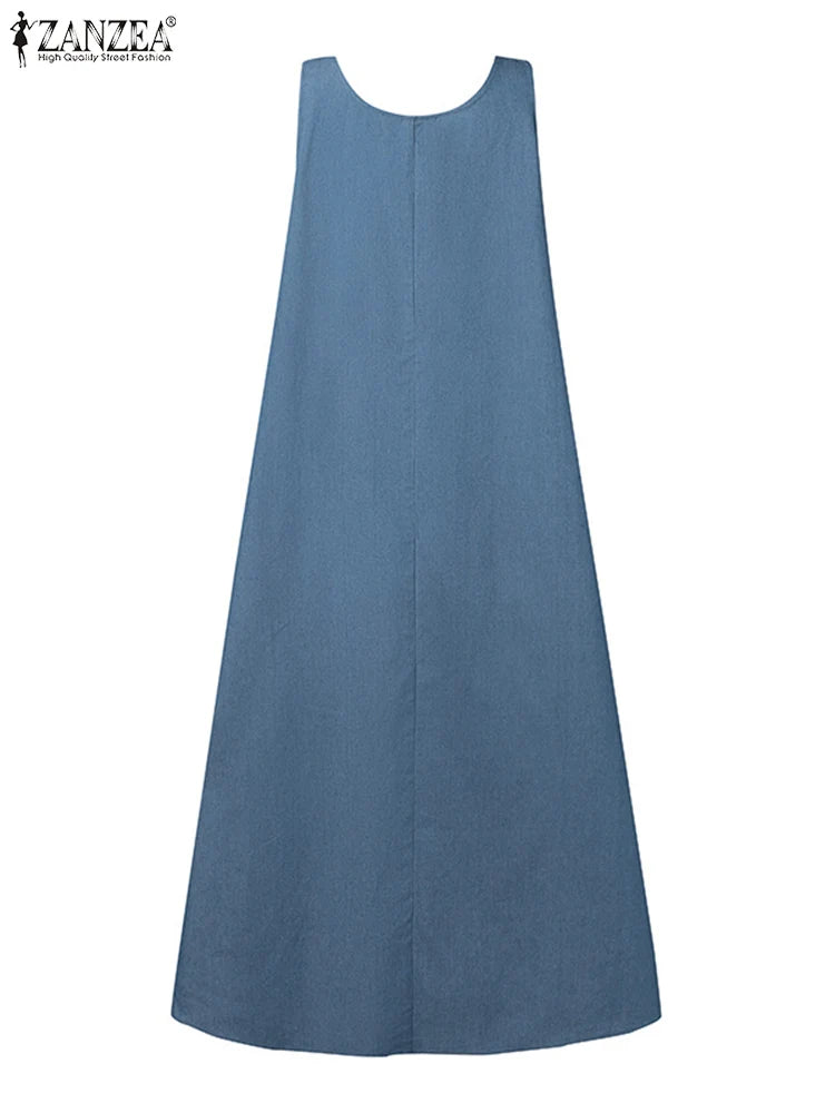 Denim Overall Dress with Pockets - Casual A-Line Maxi