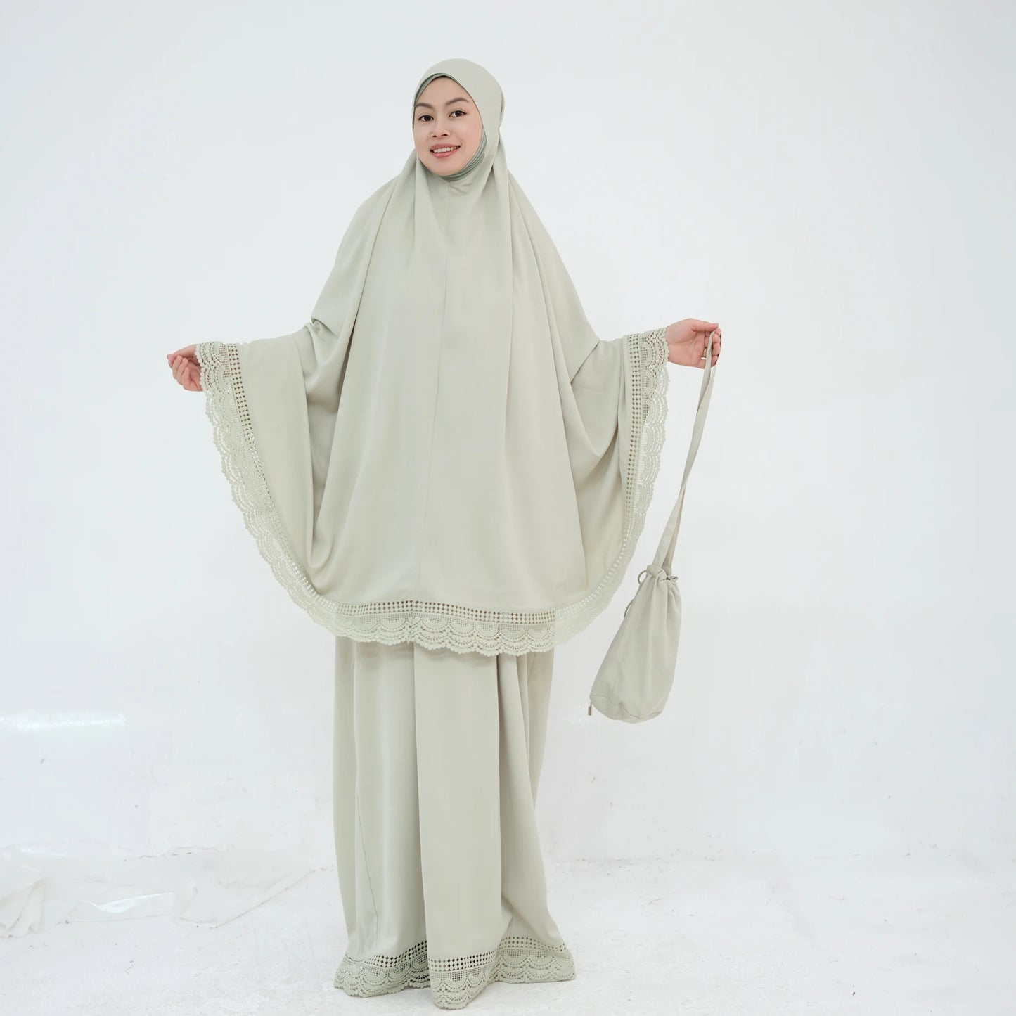 4-Piece Lace Trim Prayer Set - Complete Hijabi Salah Set with Khimar, Skirt, Rug & Pouch | Ramadan