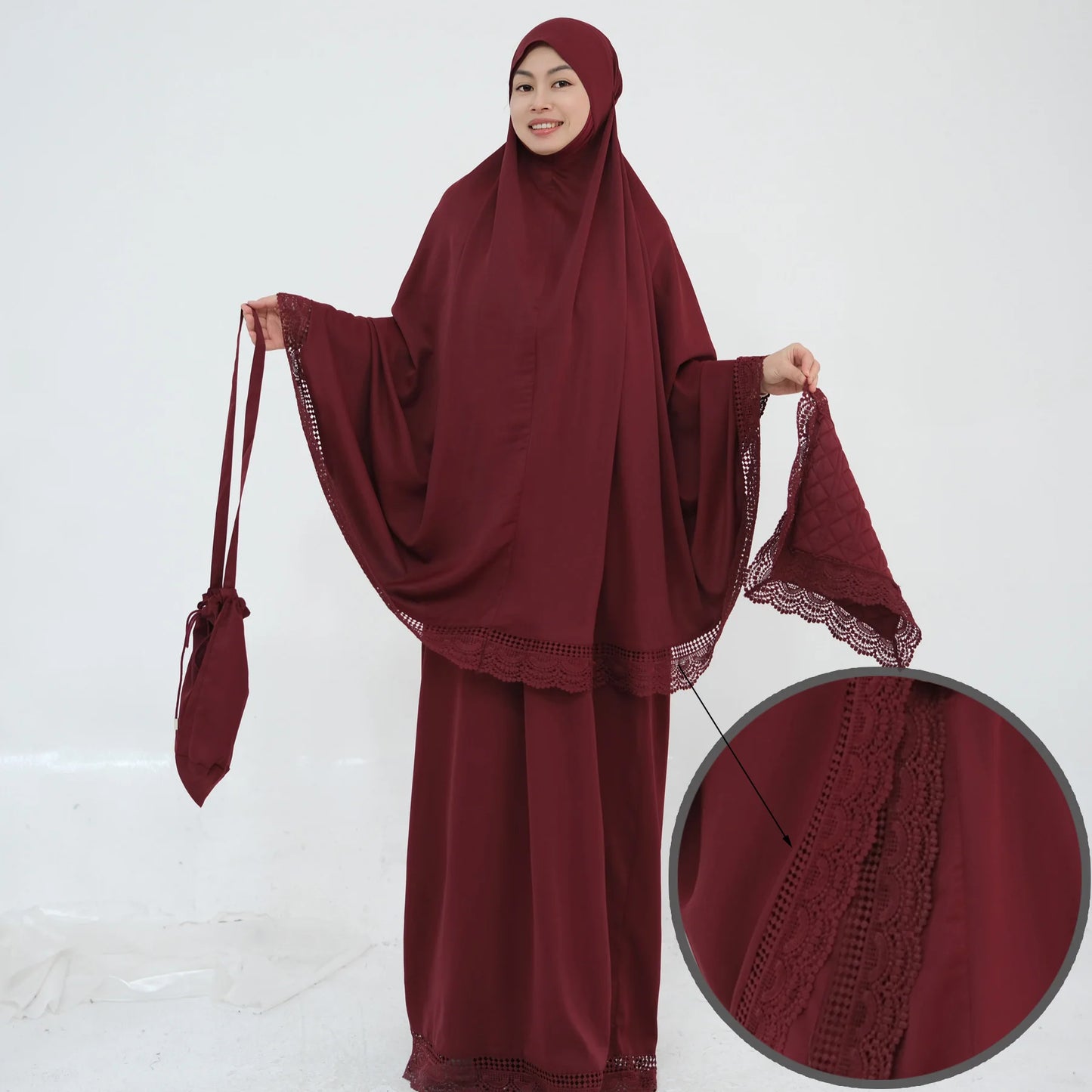 4-Piece Lace Trim Prayer Set - Complete Hijabi Salah Set with Khimar, Skirt, Rug & Pouch | Ramadan
