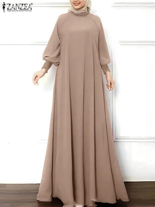 ZANZEA Ruffled Shirring Cuff Maxi Dress - Elegant Long Sleeve Muslim Abaya | Autumn Winter