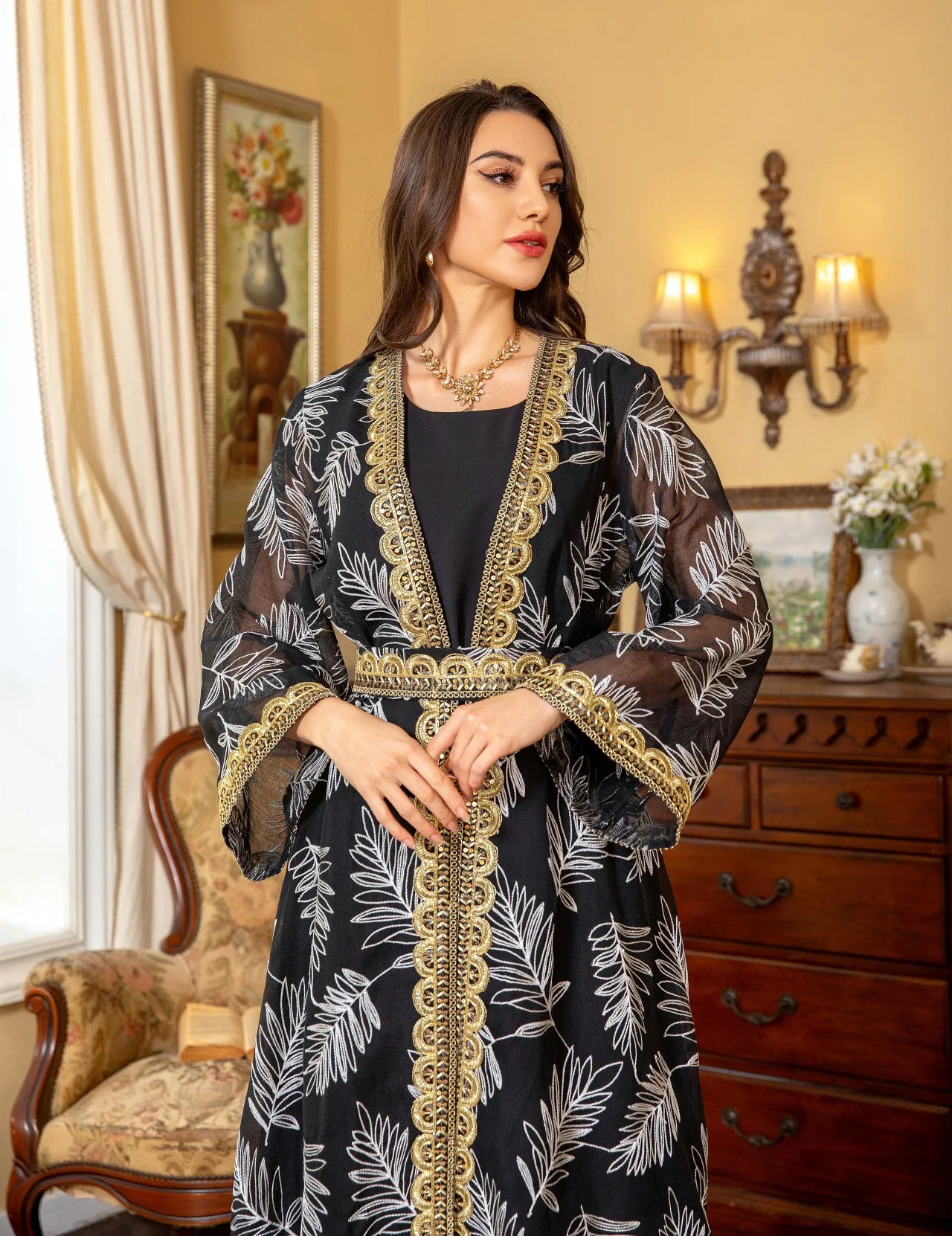 2-Piece Mesh Embroidered Muslim Set - Elegant Kaftan Robe Outfit for Women | Summer 2026