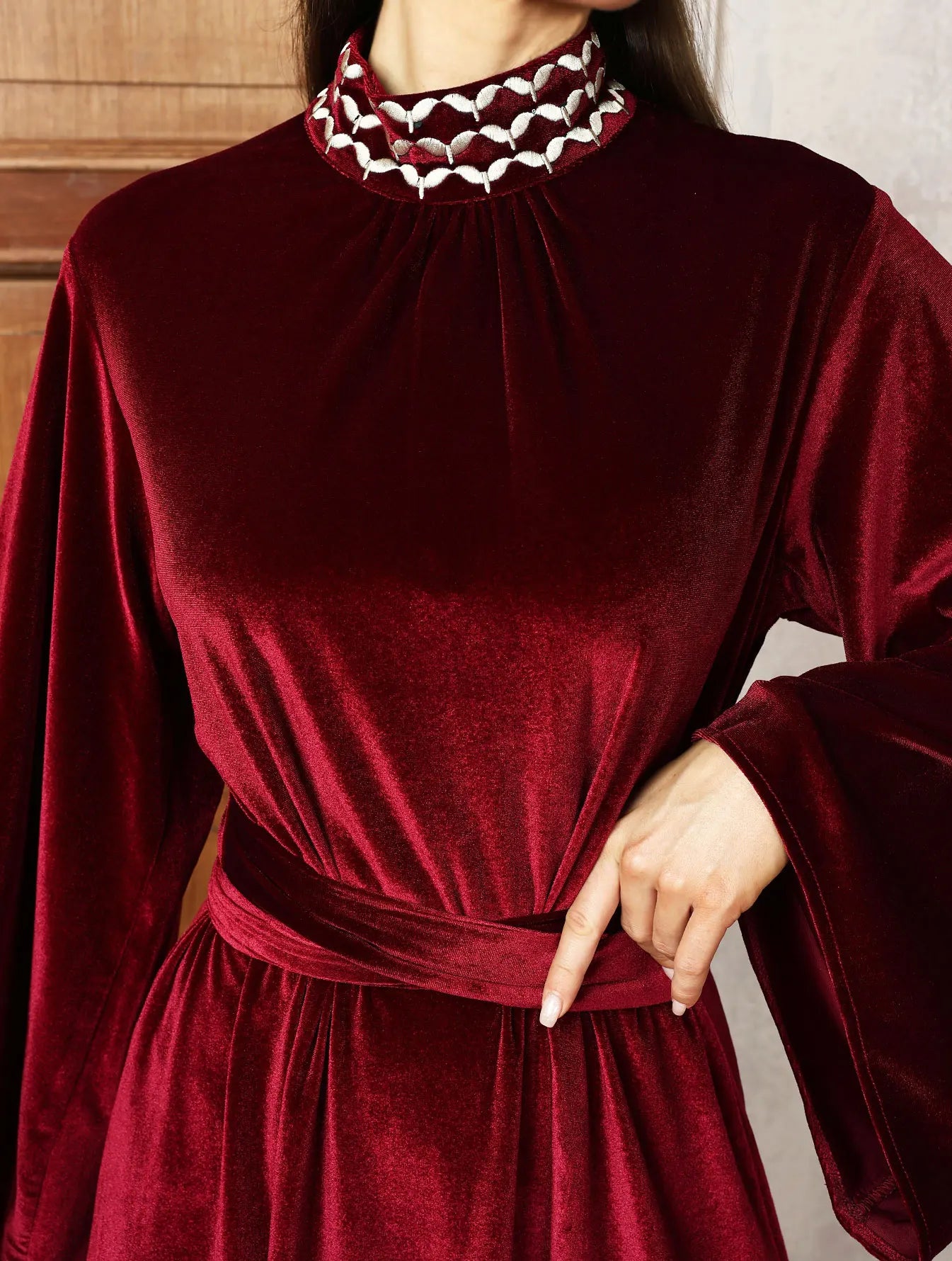 Luxury Velvet Dress with Belt - Embroidered Party Abaya