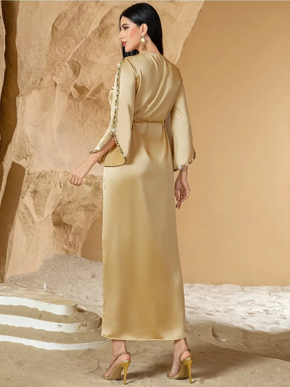 Lace & Diamond Embellished Party Abaya - Elegant Long Robe