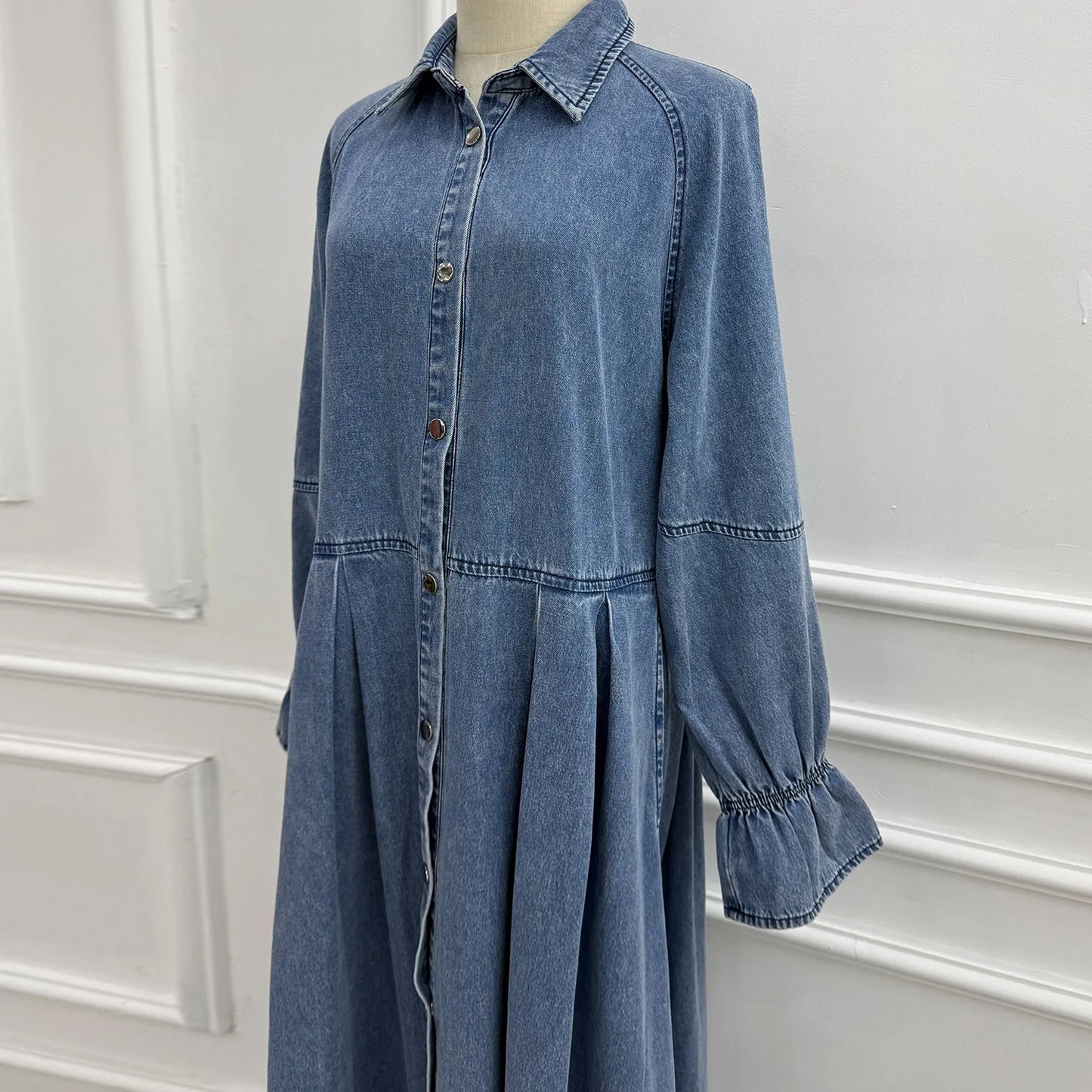 Denim Maxi Abaya Dress - Single Breasted Long Sleeve Muslim Dress for Women