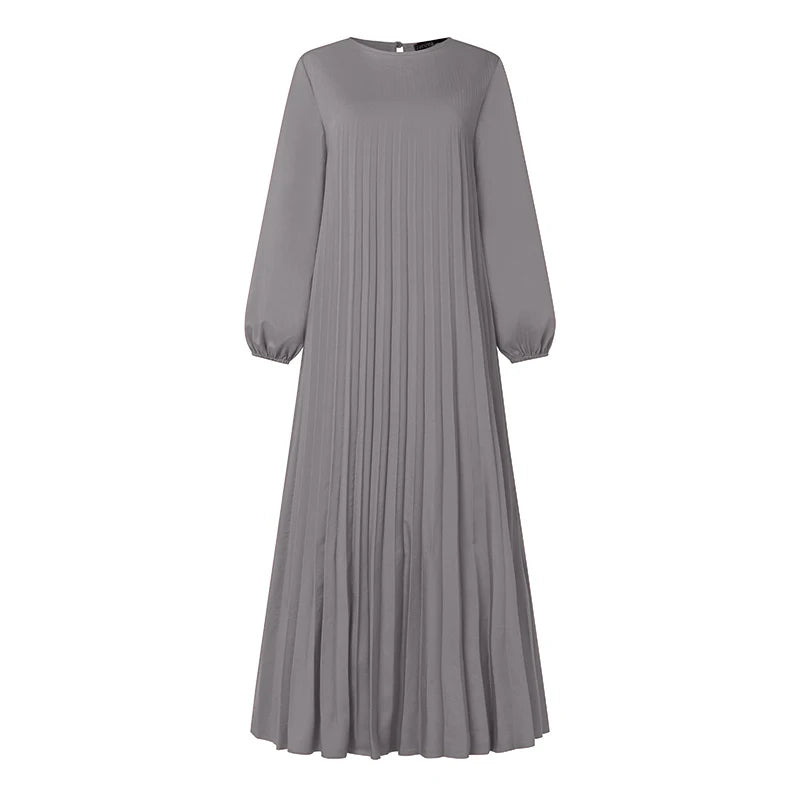 Pleated A-Line Abaya - Modest Long Dress with O-Neck