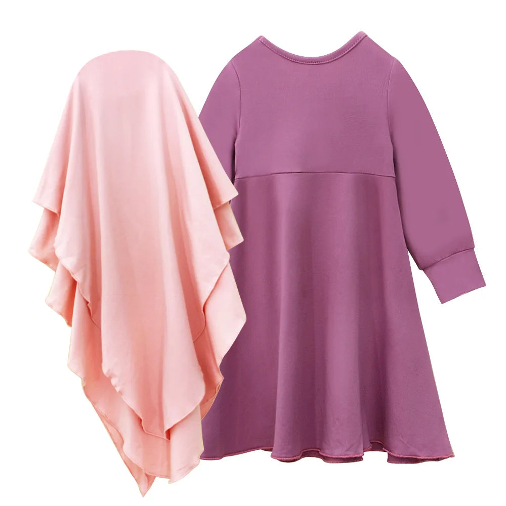 Muslim Girls Prayer Dress Set - 2-Piece Hijab Abaya with Headscarf for Children