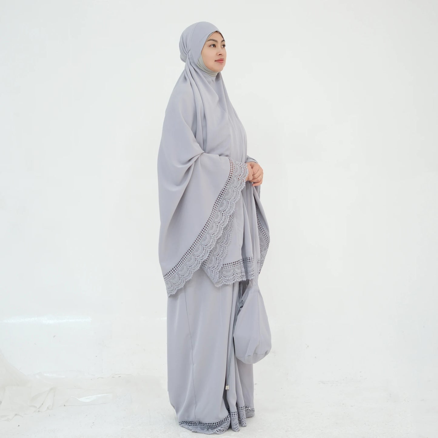4-Piece Lace Trim Prayer Set - Complete Hijabi Salah Set with Khimar, Skirt, Rug & Pouch | Ramadan