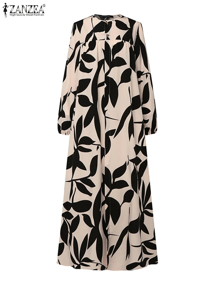 Ruffled Print Abaya - Casual A-Line Maxi Dress