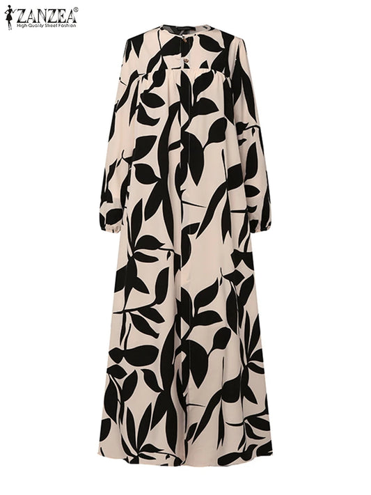Ruffled Print Abaya - Casual A-Line Maxi Dress