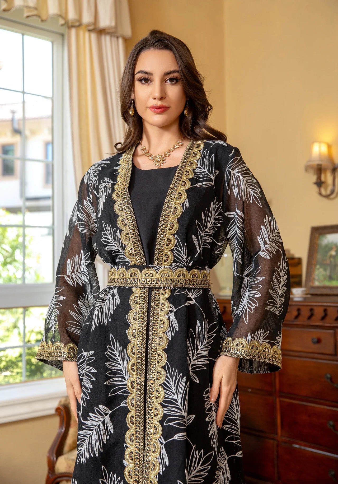 2-Piece Mesh Embroidered Muslim Set - Elegant Kaftan Robe Outfit for Women | Summer 2026