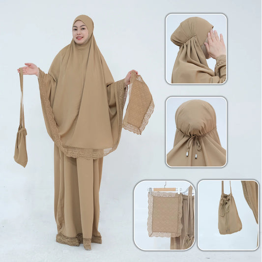 4-Piece Lace Trim Prayer Set - Complete Hijabi Salah Set with Khimar, Skirt, Rug & Pouch | Ramadan