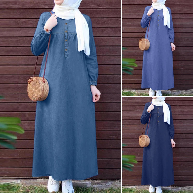 Denim Blue Long Sleeve Abaya - Loose Casual Maxi Dress
