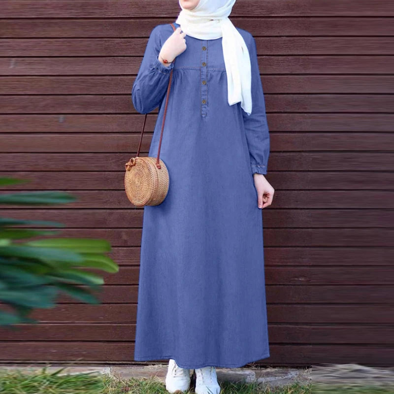 Denim Blue Long Sleeve Abaya - Loose Casual Maxi Dress