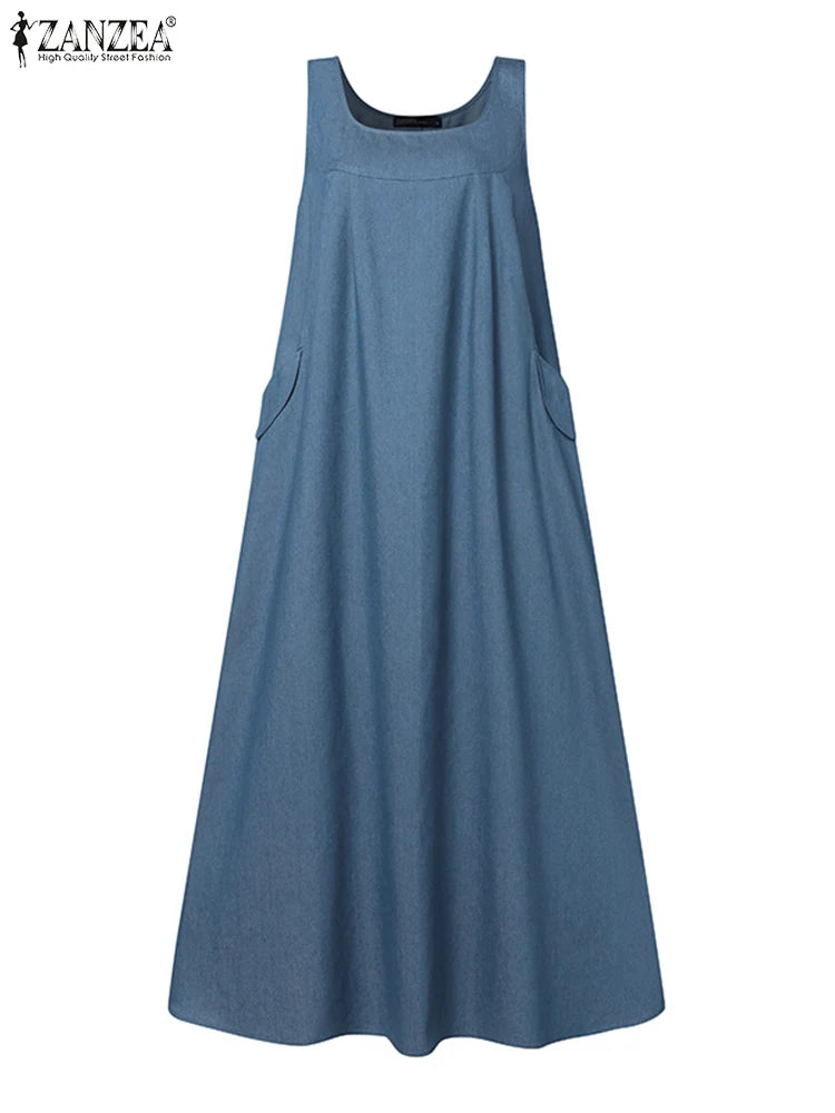 Denim Overall Dress with Pockets - Casual A-Line Maxi