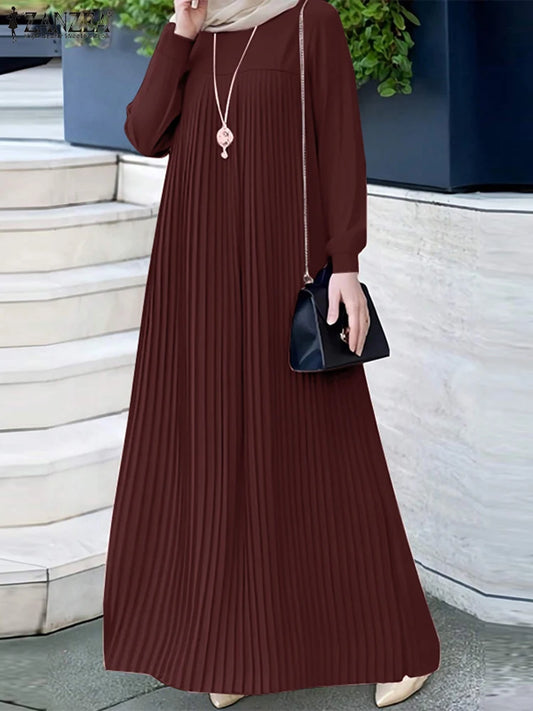 Elegant Pleated Muslim Abaya Dress - Long Sleeve Hijab Maxi Robe