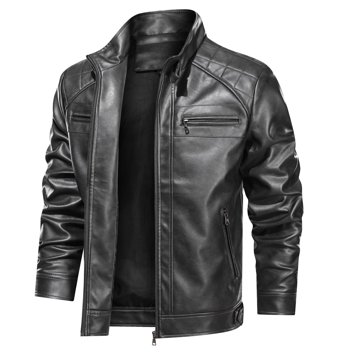 Men's Faux Leather Cafe Racer Jacket — Dark Gray & Yellow