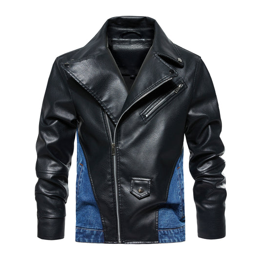Men's Patchwork Denim Jacket – Diagonal Zip Collar Streetwear Coat