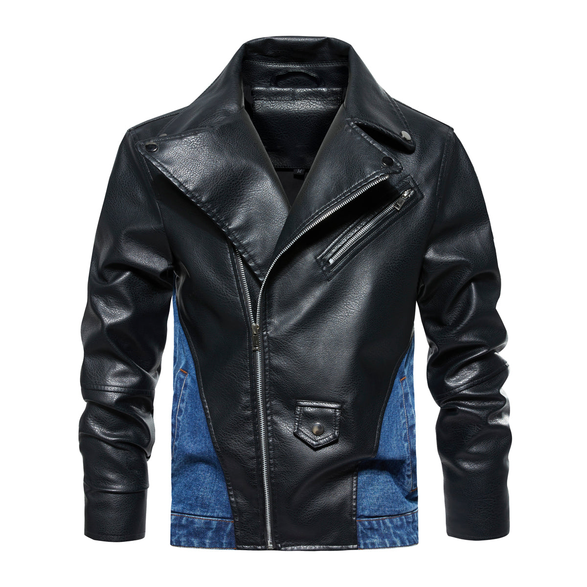Men's Patchwork Denim Jacket – Diagonal Zip Collar Streetwear Coat