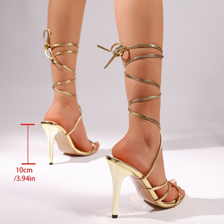Metallic Lace-Up Stiletto Sandals – Women's Open Toe Wrap Heels