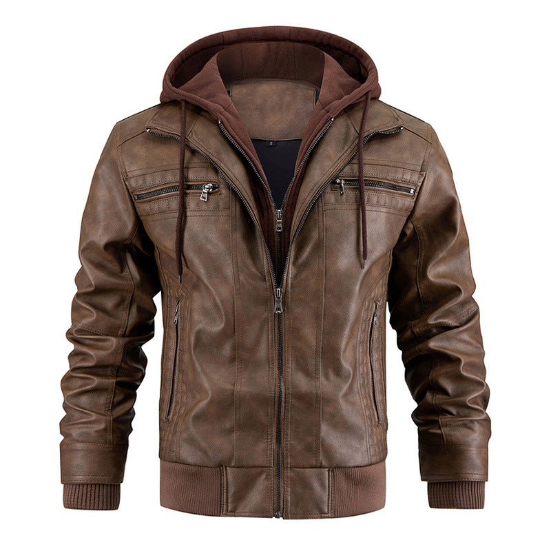 Men's Faux Leather Motorcycle Jacket – Waterproof Hoodie with Removable Hood