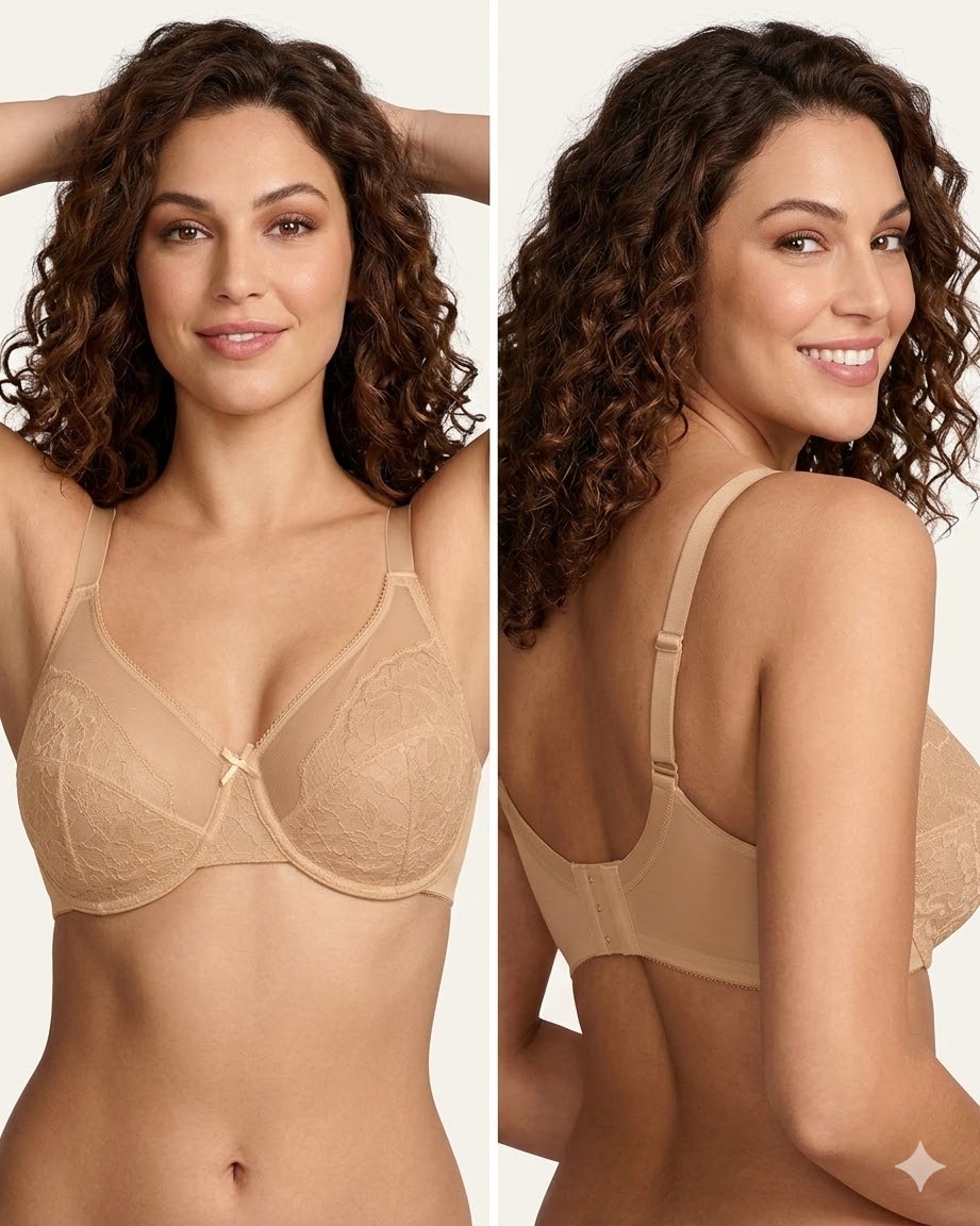 Enchante Full Coverage Lace Minimizer Bra in Beige – Underwire Support, Plus Size 32C–48DDD