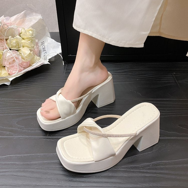 Rhinestone Block Heel Sandals – Women's Square Toe Slip-On (EU 36–42)