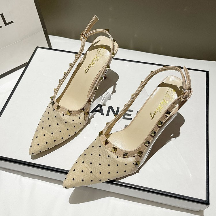 Women's Polka Dot Mesh Studded Slingback Stiletto Sandals