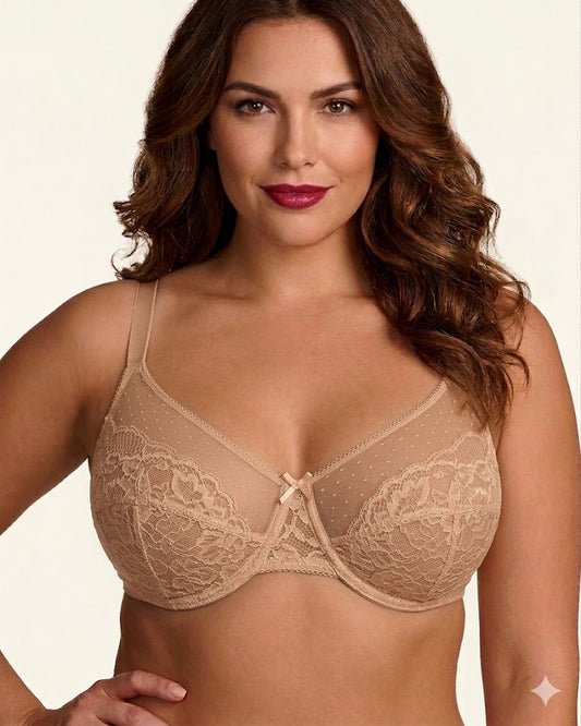 Enchante Full Coverage Lace Minimizer Bra in Beige – Underwire Support, Plus Size 32C–48DDD