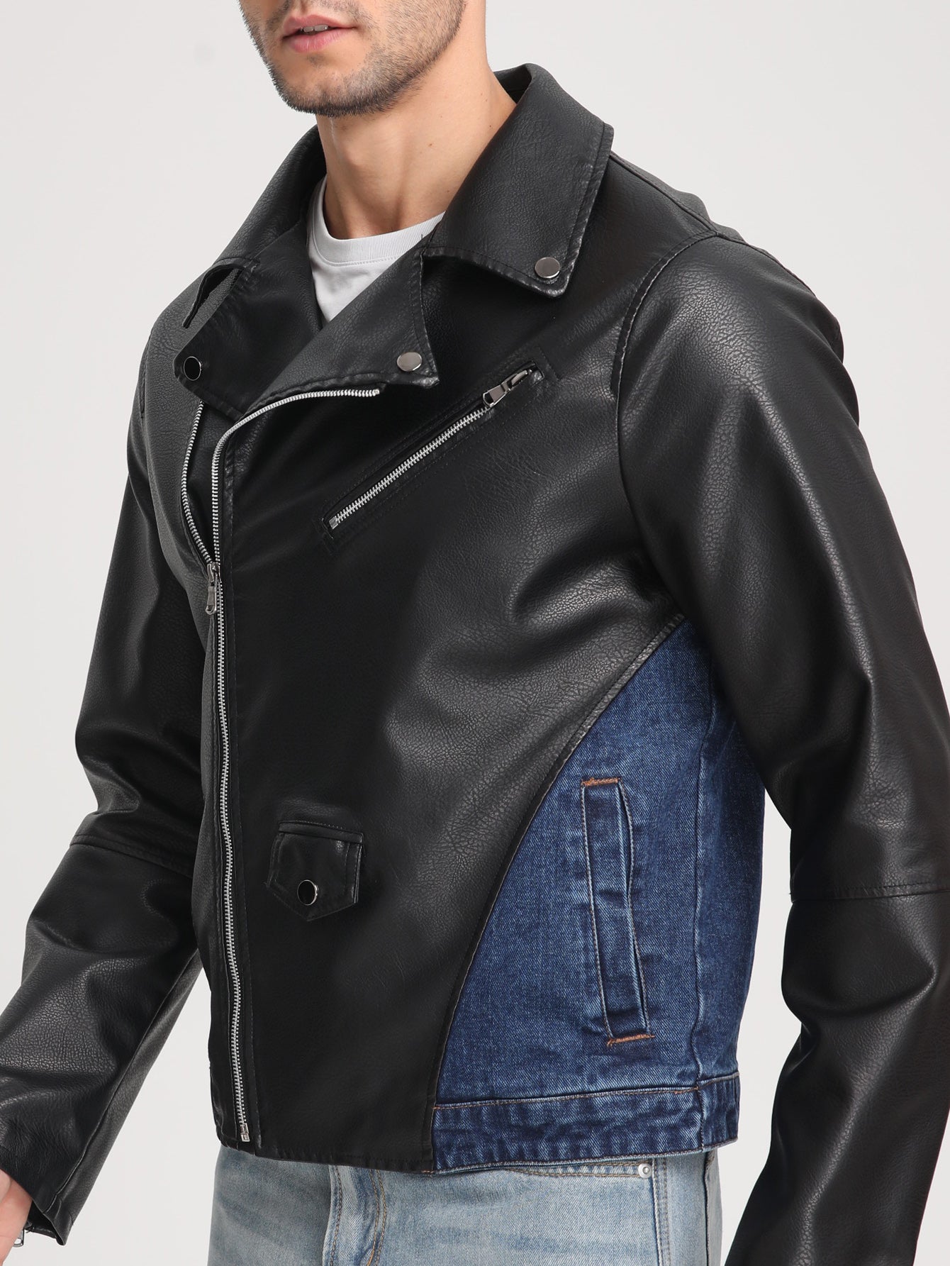 Men's Patchwork Denim Jacket – Diagonal Zip Collar Streetwear Coat