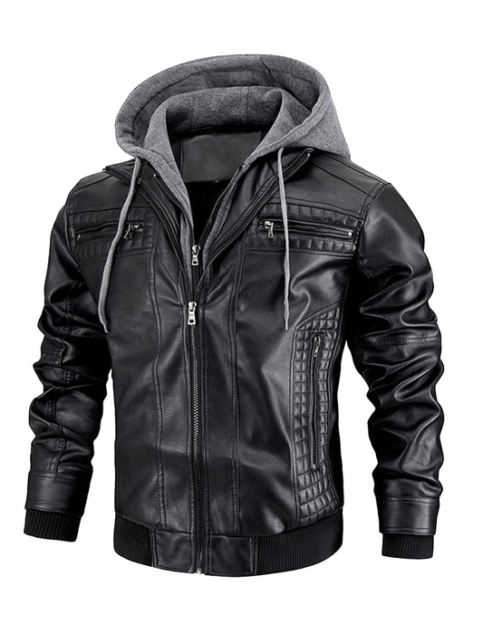 Men's Faux Leather Motorcycle Jacket – Waterproof Hoodie with Removable Hood