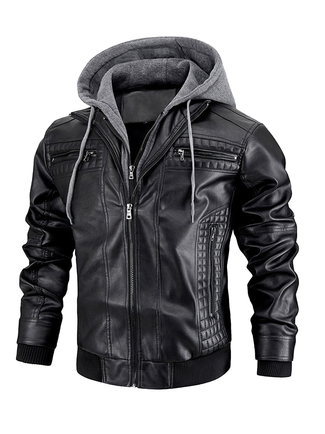 Men's Faux Leather Motorcycle Jacket – Waterproof Hoodie with Removable Hood