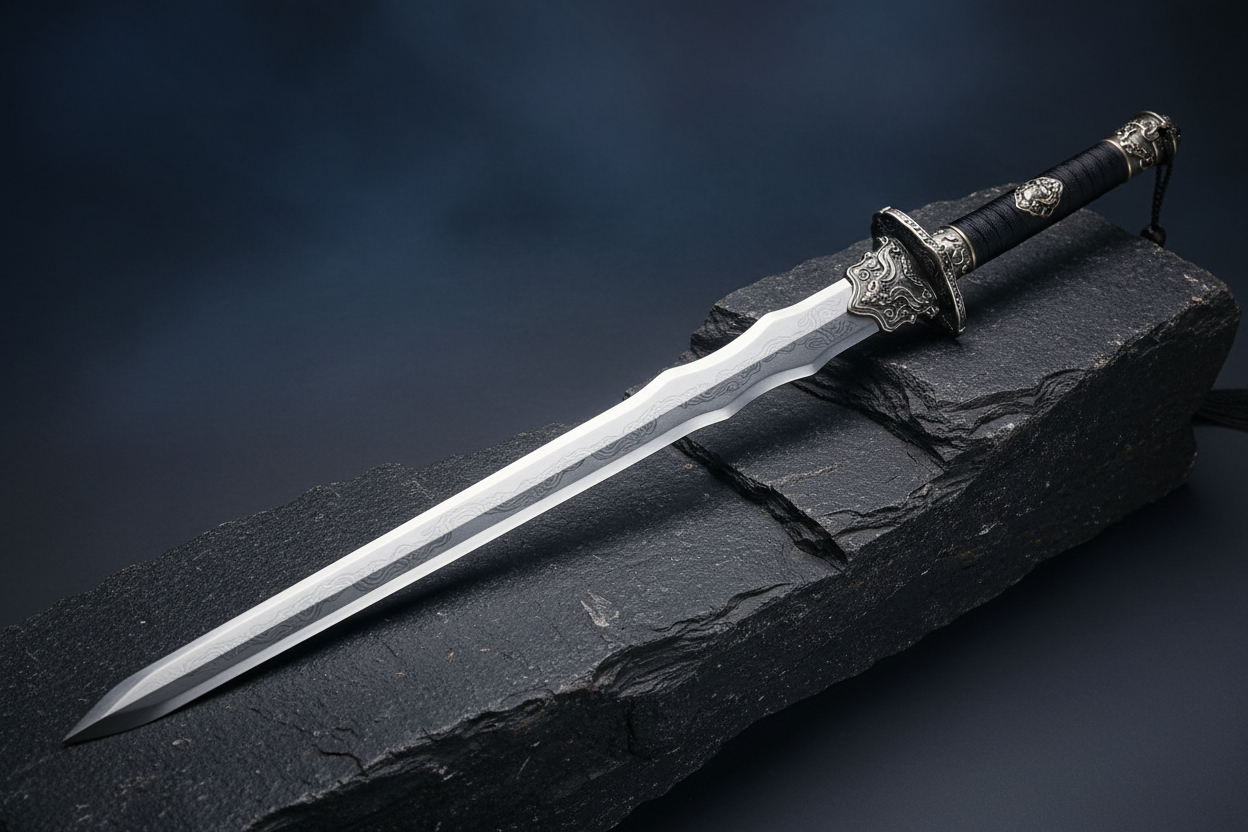 Han Jian Demon-Subduing Sword displayed on dark stone surface with dramatic lighting