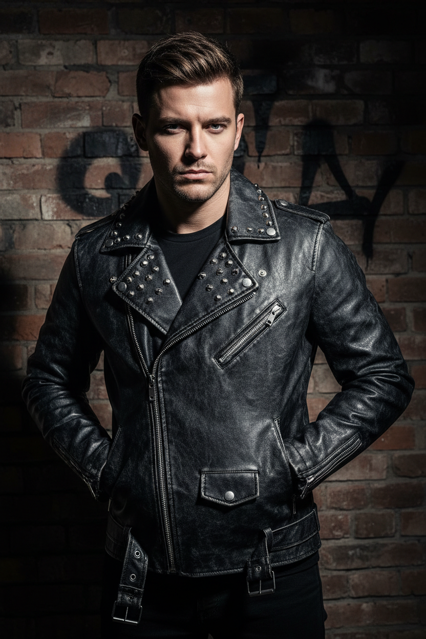 Men's punk style PU leather motorcycle jacket in black against dark urban brick wall background