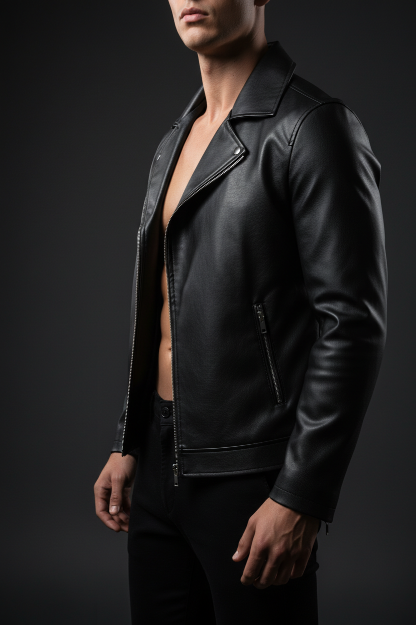 Men's slim fit faux leather jacket in black with lapel collar and zip-up front