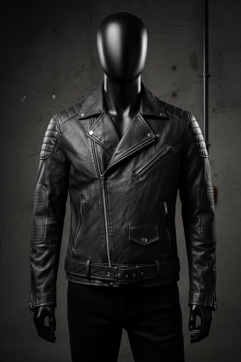 Men's black PU leather vintage biker motorcycle jacket on model against dark industrial background